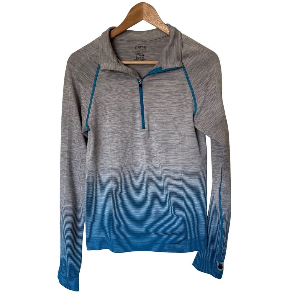 Yummie Quarter-Zip Pullover Women L/XL Grey Blue Excellent Ombre Thumbholes